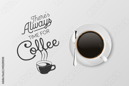 Vector 3d Realistic White Porcelain Ceramic Mug with Black Espresso, Mocha Isolated on White. Coffee Cup with Typography Quote, Phrase about Coffee. Stock Illustration. Design Template. Top View