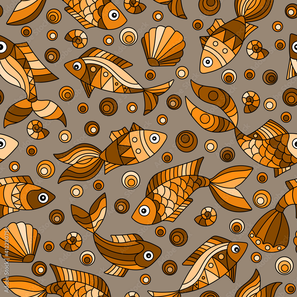 Fototapeta premium Seamless pattern on a marine theme with fishes and shells on a light background, monochrome,tone brown