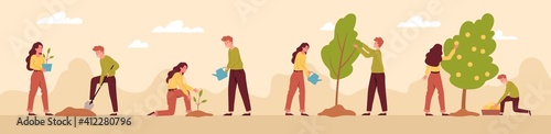A young couple, a girl and a guy, plant a tree, grow it, take care about and harvest it. Metaphor for the stages of development of human relationships. Set of flat cartoon vector illustrations