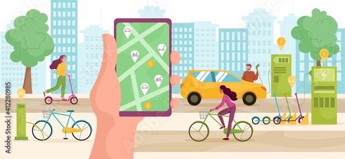 Modern urban lifestyle concept. Male and female characters using rental services bicycles, kick scooter, electric car. Mobile application for renting eco transport. Flar cartoon vector illustration