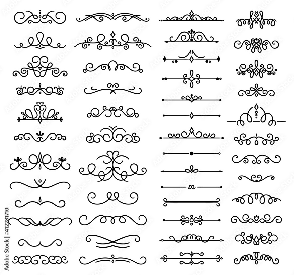 Collection decorative swirls, dividers. Vector calligraphic objects for wedding invitation, greeting card and certificate design. Set of classic lines and borders. Set of vector illustrations