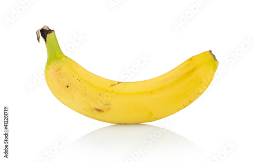 One ripe fresh natural banana isolated on white background with shadow reflection, clipping, vector path. Single yellow fruit.