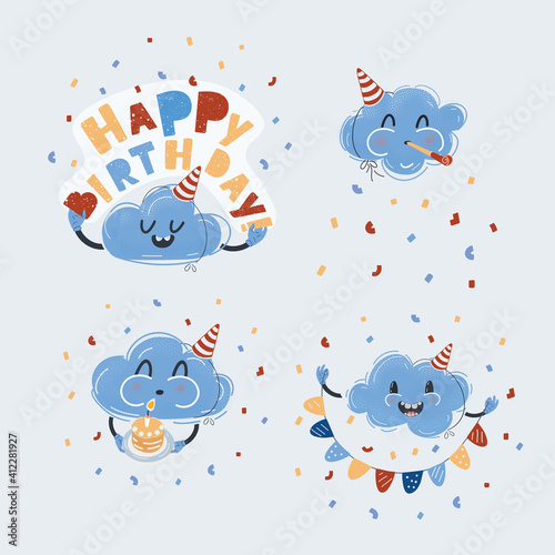Vector illustration of Set celebration elements. Clounds charater congratulation on birthday on white backround.