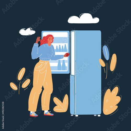 Vector illustration of woman cleaning refregiratior on dark backround.