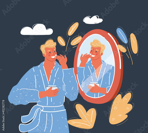 Vector illustration of Man take care of him skin in front of the mirror on dark backround.
