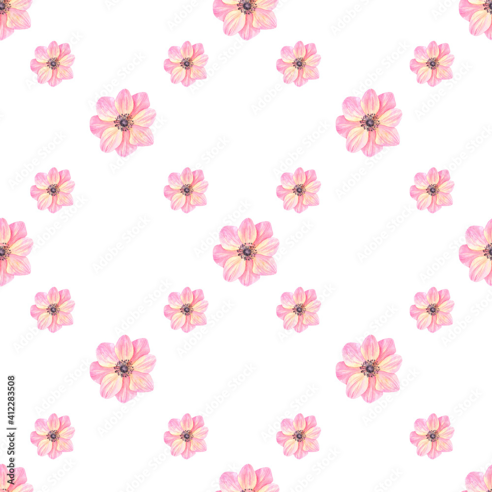 seamless pattern with watercolor anemones