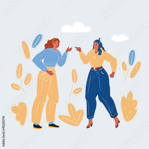 Vector illustration of two women fighting and pointing finger at each other. Conflict concept on white.