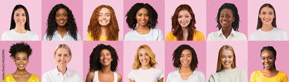 African american and caucasian young ladies on pink