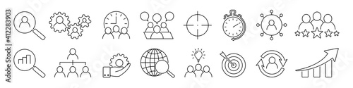 Set of icons business people, human resources, office management. Lines business people. Meeting, team, communication, group, business icons. Vector illustration.