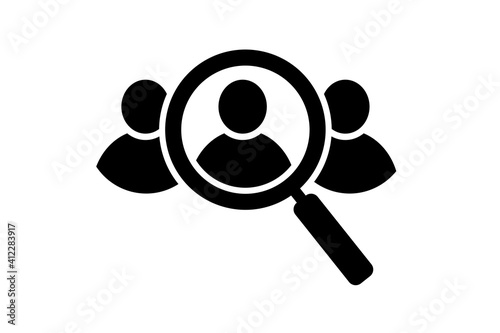 Search job vacancy icon. Search job, employees. Find people, human resource icon. Magnifier. Vector illustration.