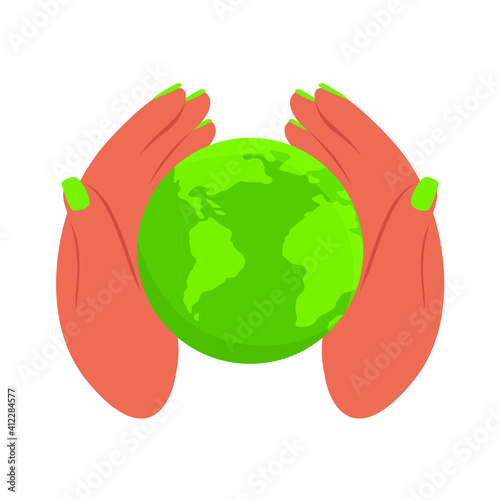 A flat vector of hands holding the planet Earth. World Earth Day. The concept of conservation, protection and reasonable consumption of natural resources.