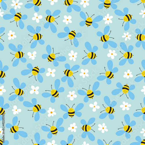 Seamless pattern with bees and flowers on blue background. Vector illustration. Adorable cartoon character. Template design for invitation, cards, textile, fabric. Doodle style.