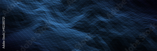 Abstract Blue Background. Dark low poly triangle pattern. Virtual computer Landscape. Technology style. Sci-fi surface. Banner or presentation template. Vector illustration