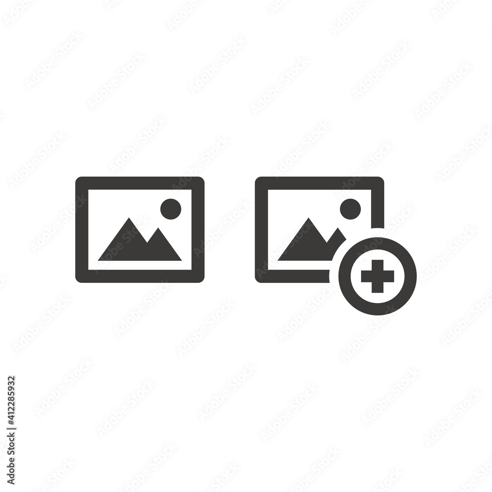 Picture and plus sign vector icon. Add image black symbol. Picture and plus sign vector icon. Add image black symbol.