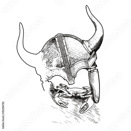 Vector illustration of a fallen Viking helmet with a crab.	