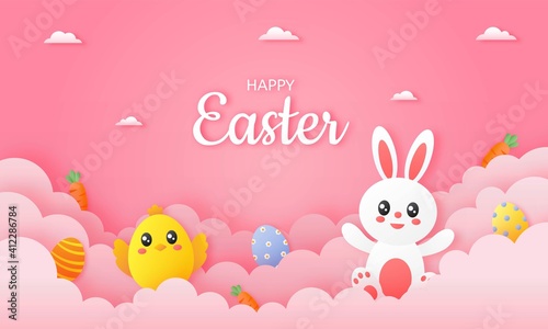 happy easter day on pink sky background. paper art style. vector Illustration.