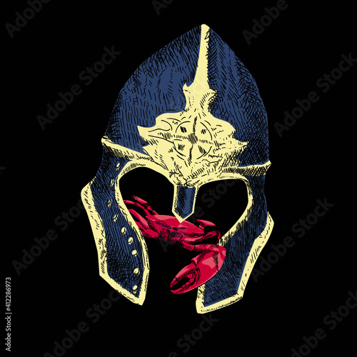 Foto Vector illustration of a fallen dawnguard helmet with a crab.