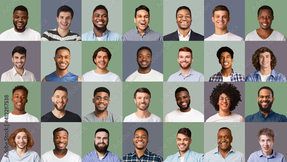 Smiling men of different ages and nationalities, set of portraits