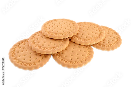 Round cookies on a white background.