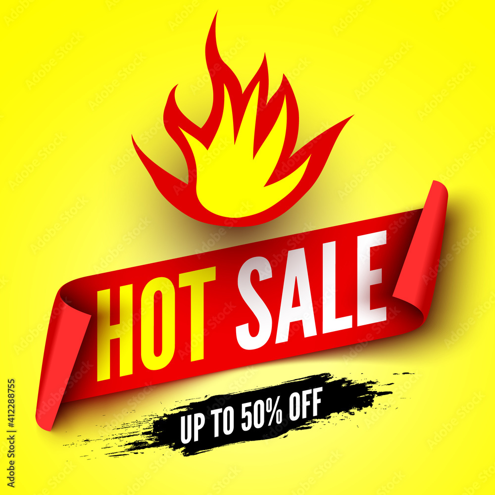 Hot sale banner with fire and red ribbon. Vector illustration. Hot sale banner with fire and red ribbon. Vector illustration.