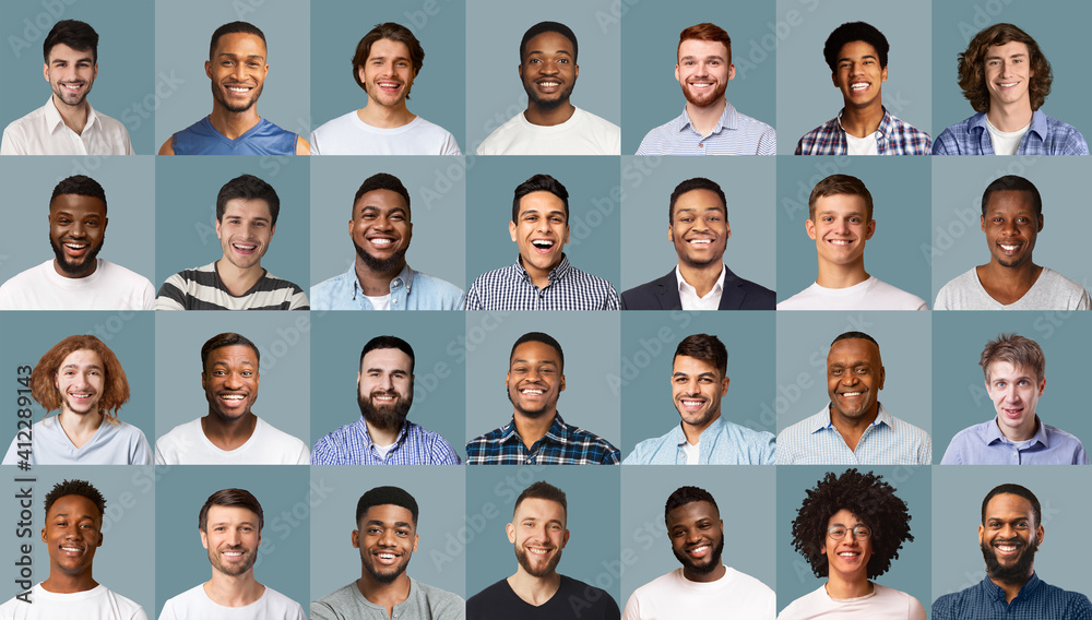 Collage of happy multiracial men smiling on studio backgrounds Collage of happy multiracial men smiling on studio backgrounds