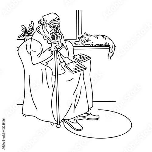 Depression, frustration, loneliness, the concept of old age. Old grandmother sits on a chair and feels lonely. A depressed retired granny with a cane sits on a chair and reads old letters. Line art