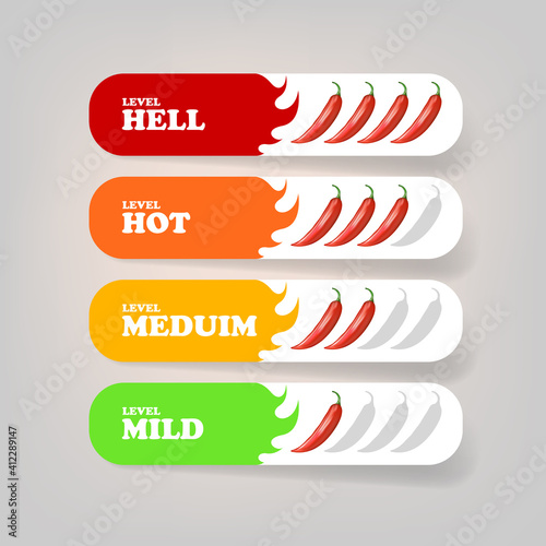 Spicy hot red chili pepper banners or stickers set with flame and rating of spicy. Vector spicy food level icon collection, mild, medium hot and hell level of pepper sauce or snack food