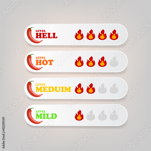 Spicy hot red chili pepper banners or stickers set with flame and rating of spicy. Vector spicy food level icon collection, mild, medium hot and hell level of pepper sauce or snack food
