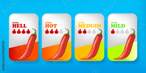 Spicy hot red chili pepper banners or stickers set with flame and rating of spicy. Vector spicy food level icon collection, mild, medium hot and hell level of pepper sauce or snack food