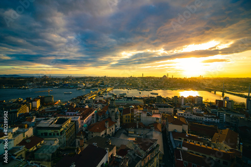 Cityscape of Istanbul at sunset from Galata Tower. Istanbul background photo. Golden Horn and Historical Peninsula of Istanbul. Travel to Istanbul. © senerdagasan