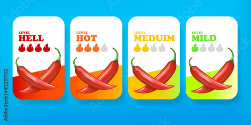 Spicy hot red chili pepper banners or stickers set with flame and rating of spicy. Vector spicy food level icon collection, mild, medium hot and hell level of pepper sauce or snack food