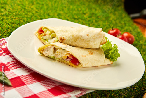 Burrito wraps with chicken and vegetables on a plate with green grass background, Mexican shawarma
