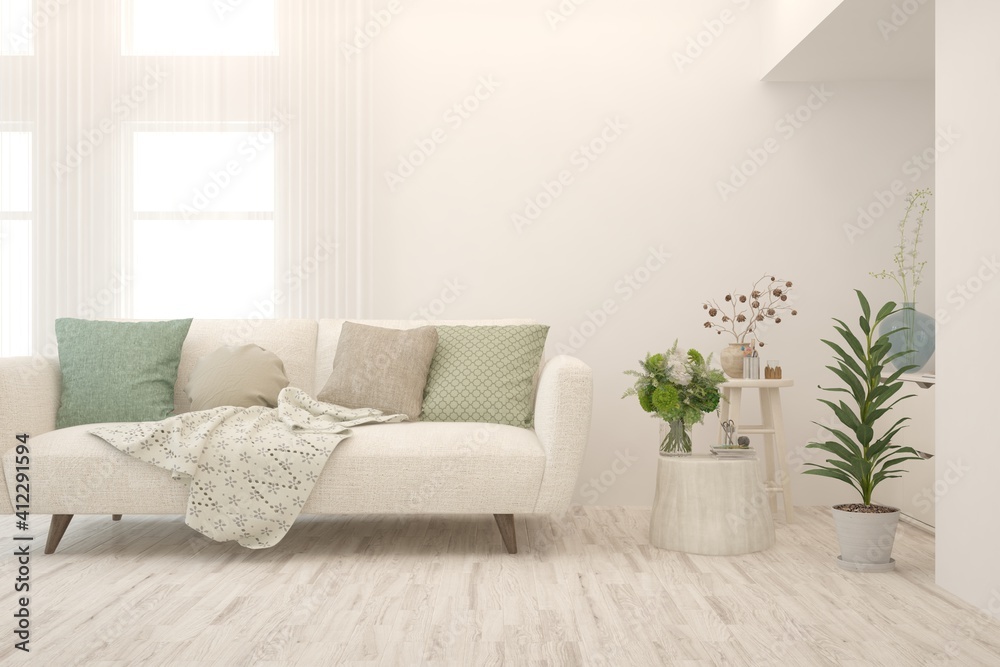 White living room with sofa. Scandinavian interior design. 3D illustration White living room with sofa. Scandinavian interior design. 3D illustration