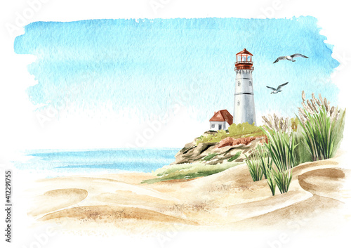 Seascape with rocks and an old lighthouse on the background of the sea with copy space, Hand drawn watercolor illustration, isolated on white background