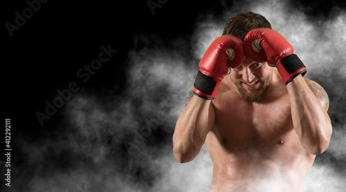Boxer in red gloves. Sports banner