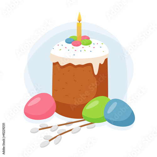 Vector scene with Easter cake, colored eggs and pussy willow branches. Easter cake with a candle. 