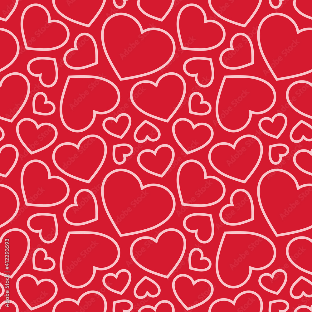 Fototapeta premium Hearts seamless pattern. Valentines day background. Love romantic theme. Vector abstract texture with scattered outline hearts. Red and pink color. Stylish minimal design for decor, wrapping, fabric