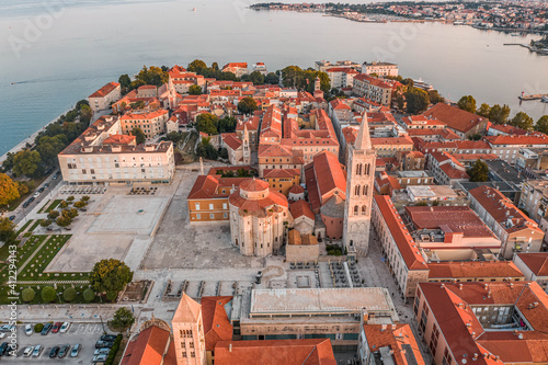 Aerial drone shot of Zadar old town square in sunrise hour in Croatia Dalmatia area