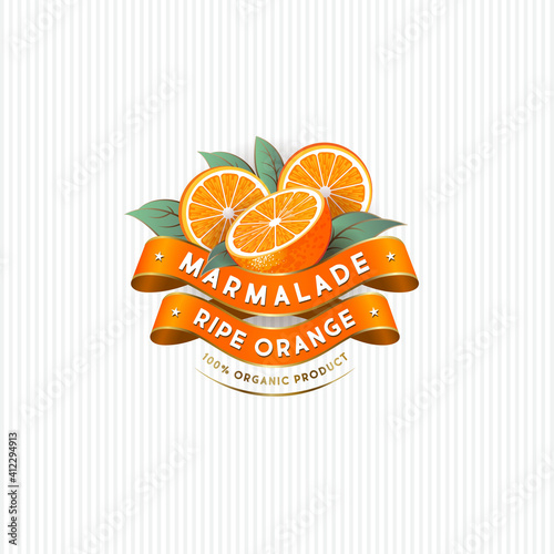Package design for Orange marmalade. Label with ripe oranges, leaves and silk ribbons. Premium product.
