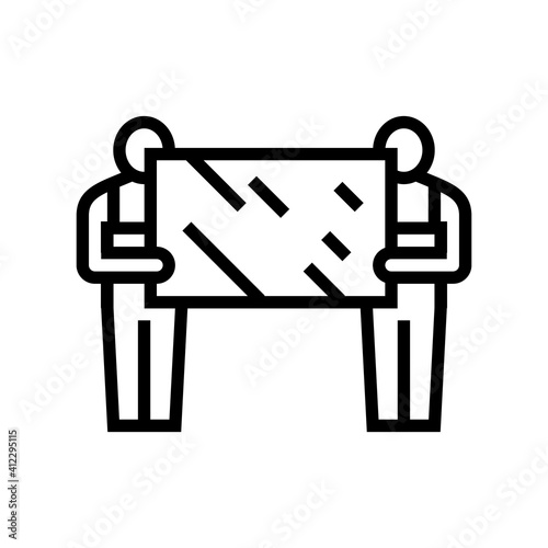installers holding mirror line icon vector. installers holding mirror sign. isolated contour symbol black illustration