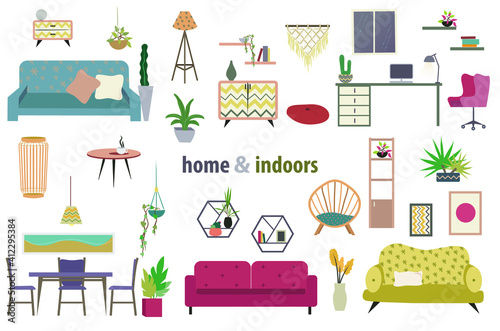 Collection of interiors with elegant and comfortable furniture with boho and hygge decoration. Set of cozy lounges, dining rooms and offices. Set of vector objects in muted color and flat style.