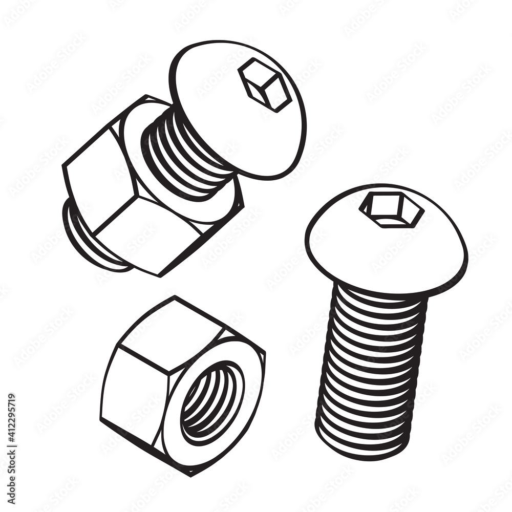 Steel bolt, nut. Head with hex socket. Set. Isolated on white