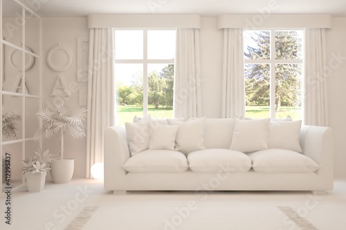 Wallpaper Mural Mock up of stylish room in white color with sofa and green landscape in window. Scandinavian interior design. 3D illustration Torontodigital.ca