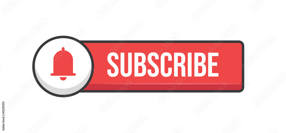Subscribe red button with bell icon. Subscription to channel in social media. Flat style vector design.