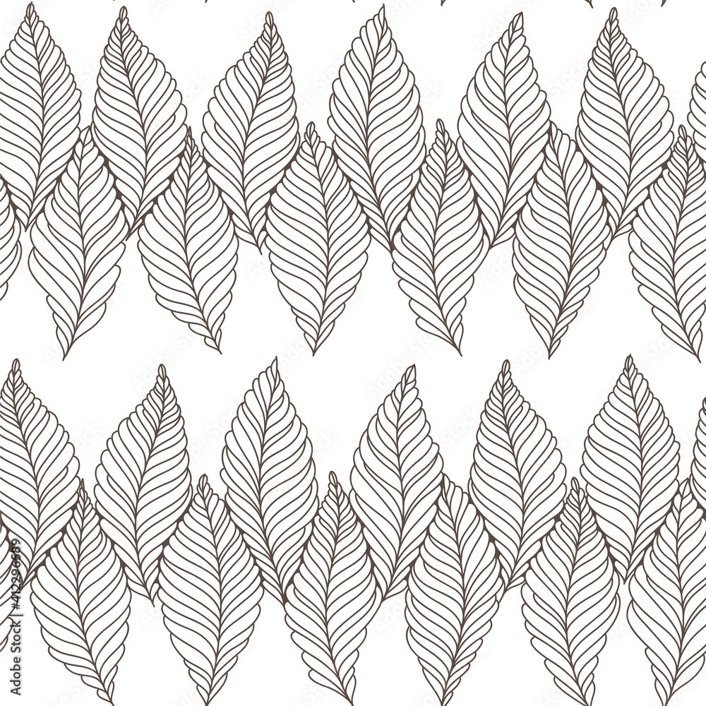 seamless black and white abstract background with leaves drawn by thin lines