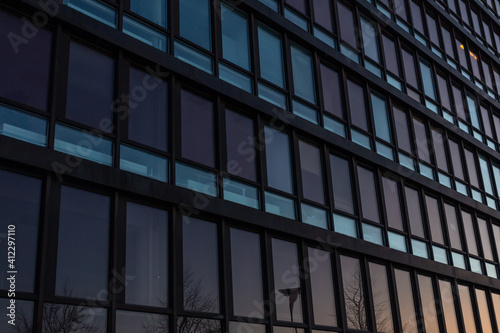 windows in a modern house. Exterior view of Finnish offices in Glass and metal buildings.