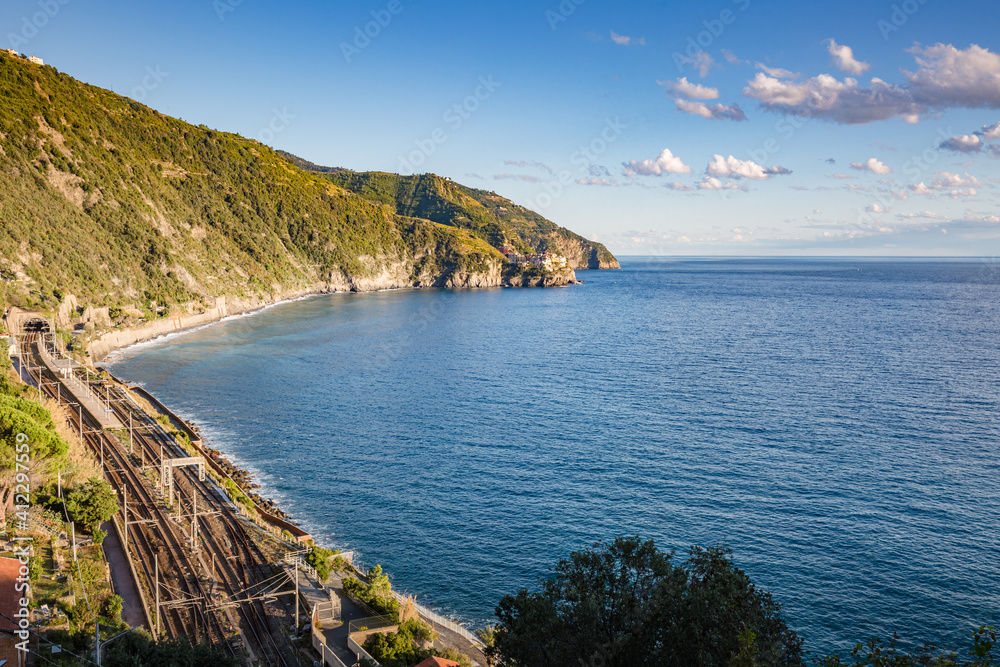 Italian Riviera. View of Manarola village from Corniglia village in Cinque Terre. Postcard view.