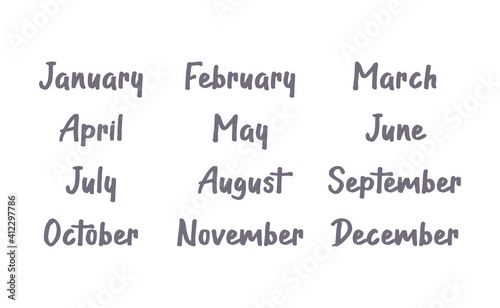 Handwritten names of months: December, January, February, March, April, May, June, July, August, September, October, November. Calligraphy words for calendars and organizers.