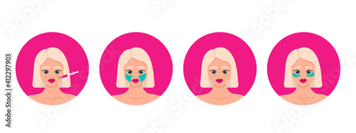 Cosmetology procedure set beauty injection, plastic surgery, lip fillers, hyaluronic acid, eye patches, face mask. Collection of girls in beauty industry. Vector illustration.