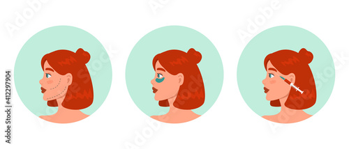 Cosmetology procedure set beauty injection, plastic surgery, lip fillers, hyaluronic acid, eye patches, face mask. Collection of girls in beauty industry. Vector illustration.